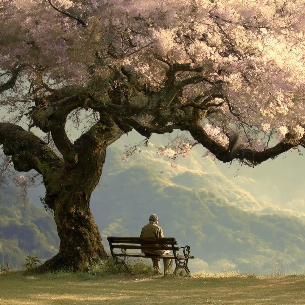 Elderly man on park bench beneath blossoming tree