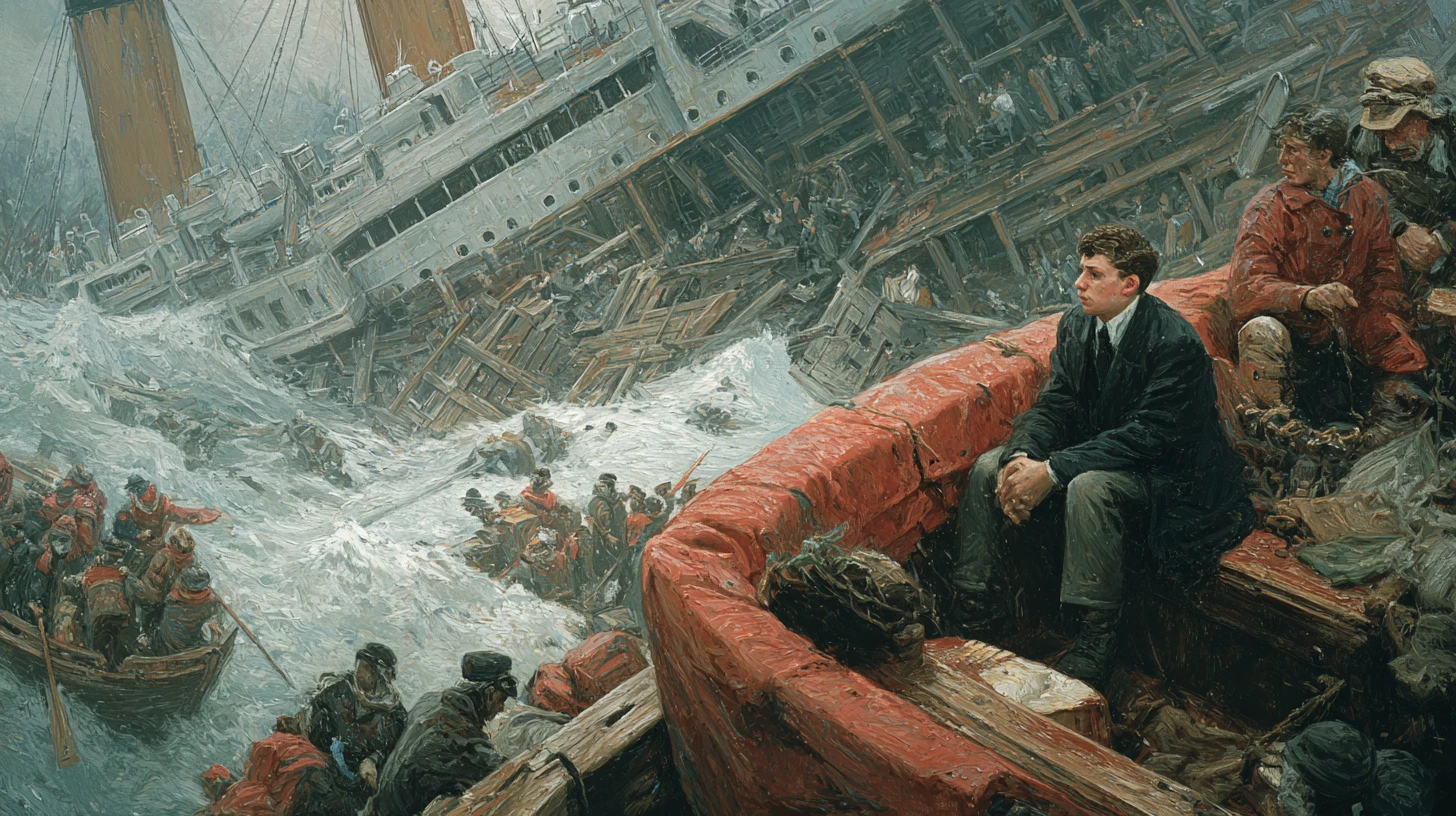 Sinking ocean liner viewed from a crowded lifeboat at sea
