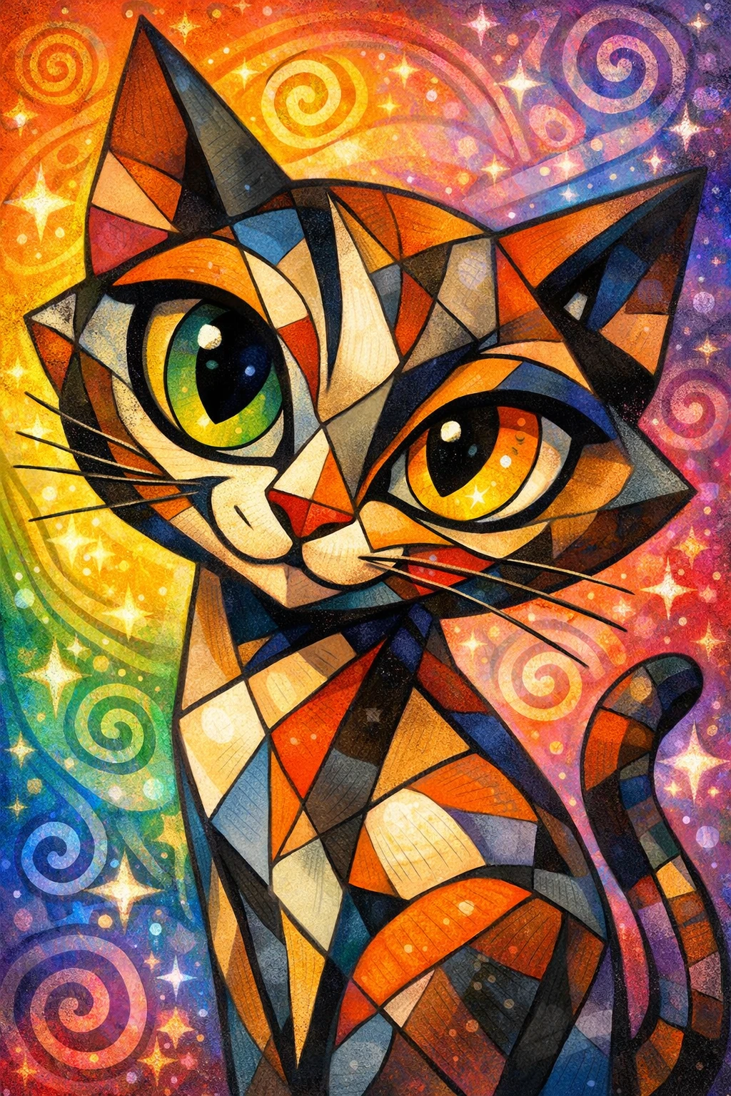Gato cartum cubista em close-up sobre fundo psicodélico arco-íris