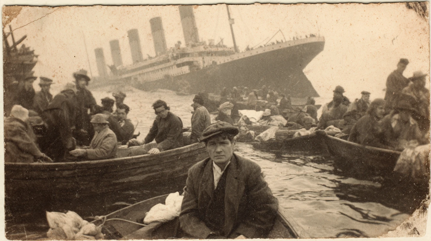 Uomo pieno di vergogna su una scialuppa che guarda affondare il Titanic
