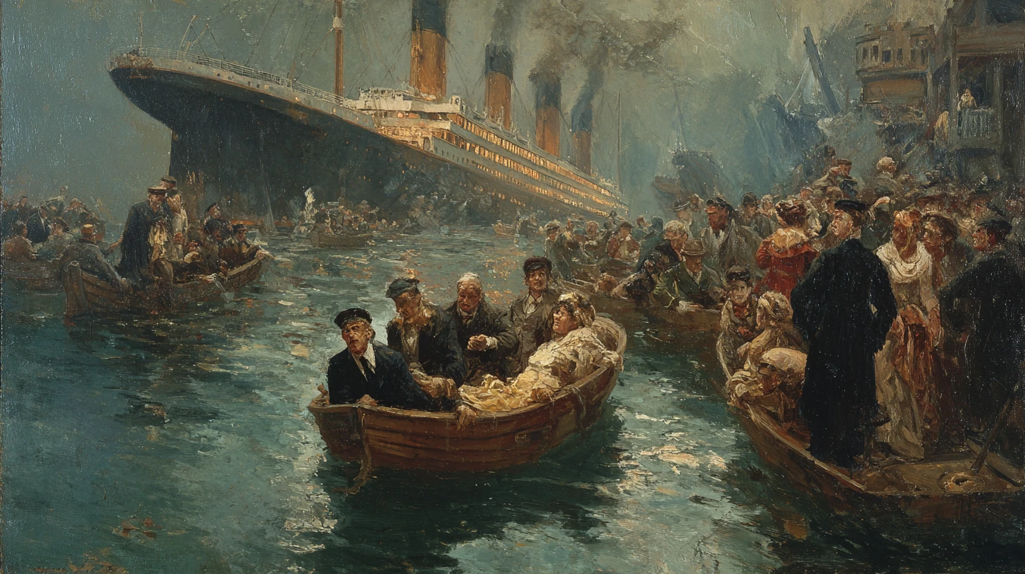 Sinking ocean liner seen from crowded lifeboat at night