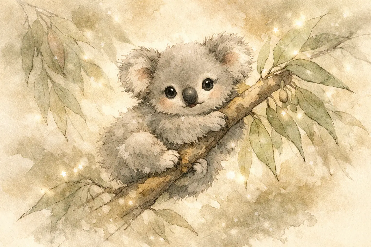 Baby koala clinging to eucalyptus branch in soft ink illustration