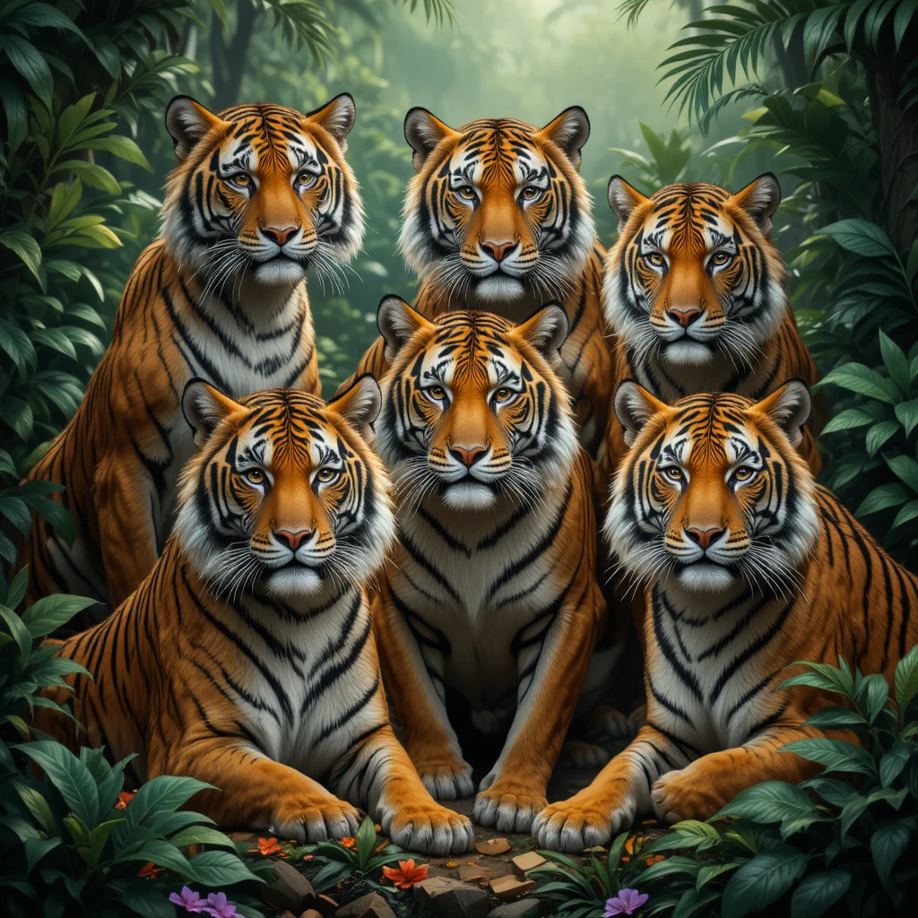 Majestätische Tiger in einer üppig grünen Dschungelszene versammelt