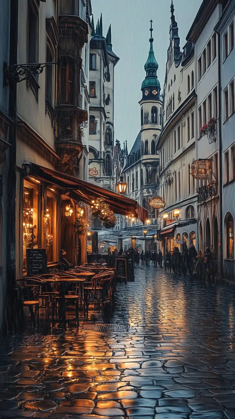 Boulevard de Munich détrempé par la pluie avec cafés lumineux la nuit