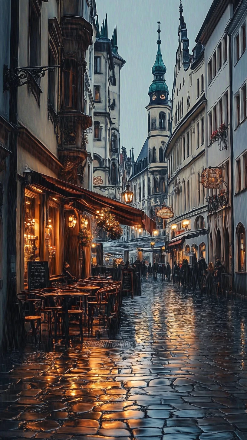 Boulevard de Munich détrempé par la pluie avec cafés lumineux la nuit