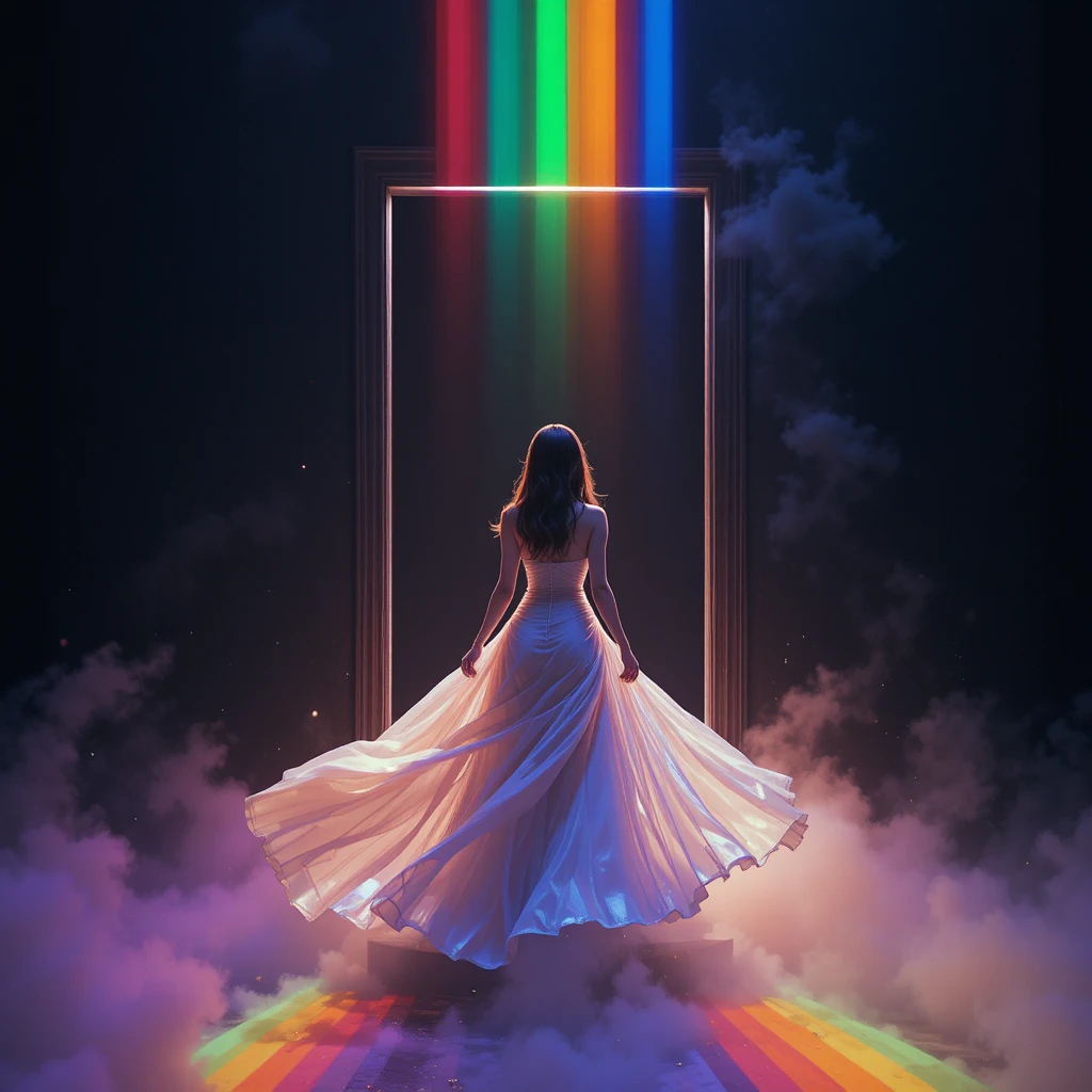 Koreanische Frau tritt aus einem Regenbogen-Portal in die dunkle Leere