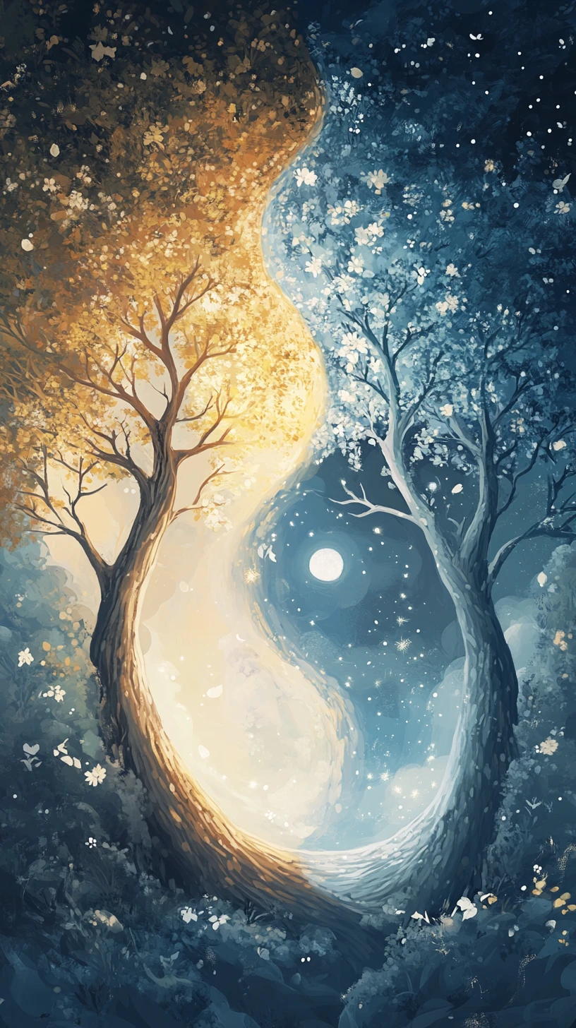 Alberi Yin Yang Fantasiosi in una Foresta Magica Pastello