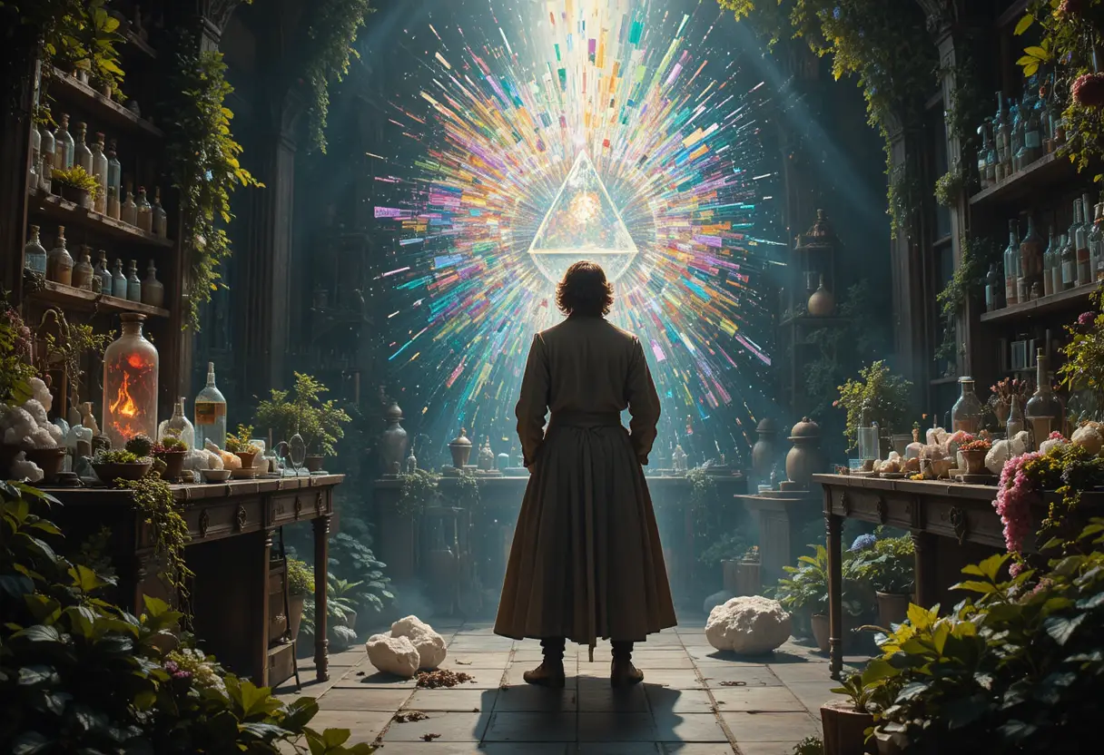 Eighteenth century alchemist in a mystical crystal laboratory