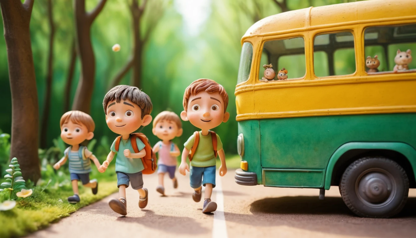 Enfants cartoon en excursion d’été en bus à travers la campagne