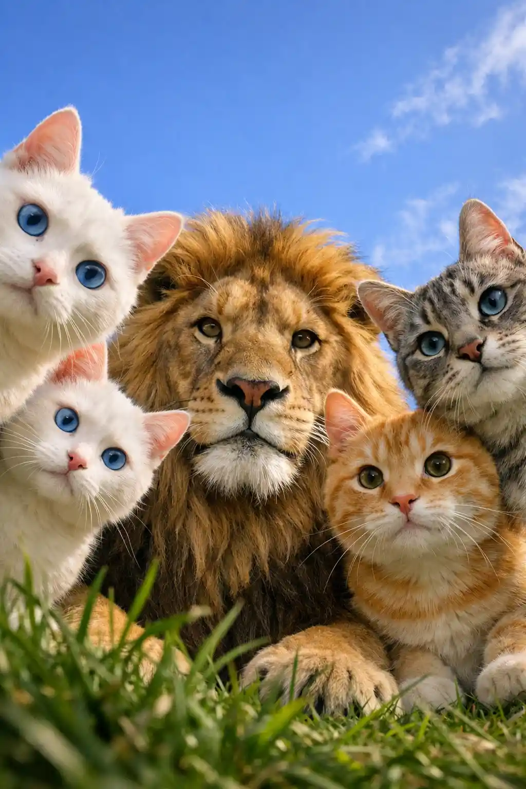 Five curious cats and a lion against a sunny blue sky