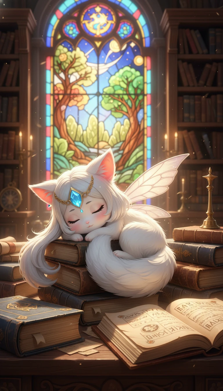 Mulher fada-gato chibi dormindo sobre livros na biblioteca