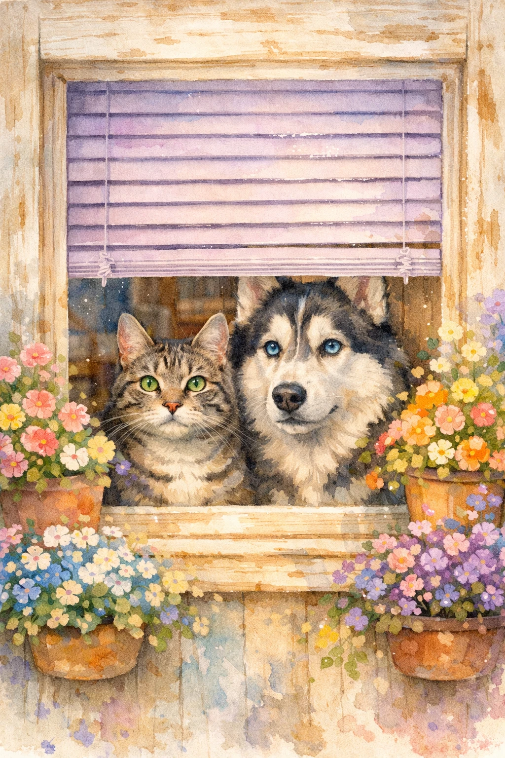 Gato e husky olhando através de uma persiana violeta