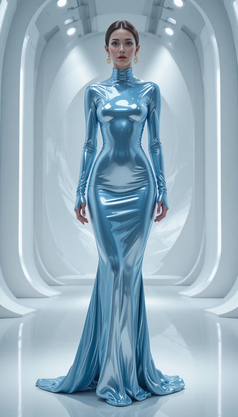 Modelo madura em vestido futurista azul pastel de metal líquido
