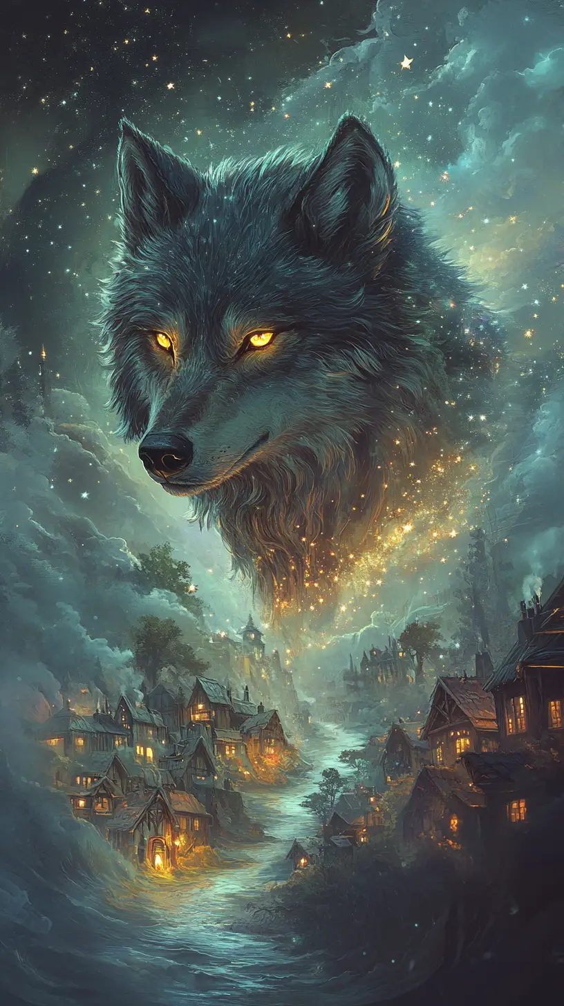 Loup mystique et lumineux guidant le long d’une côte paisible