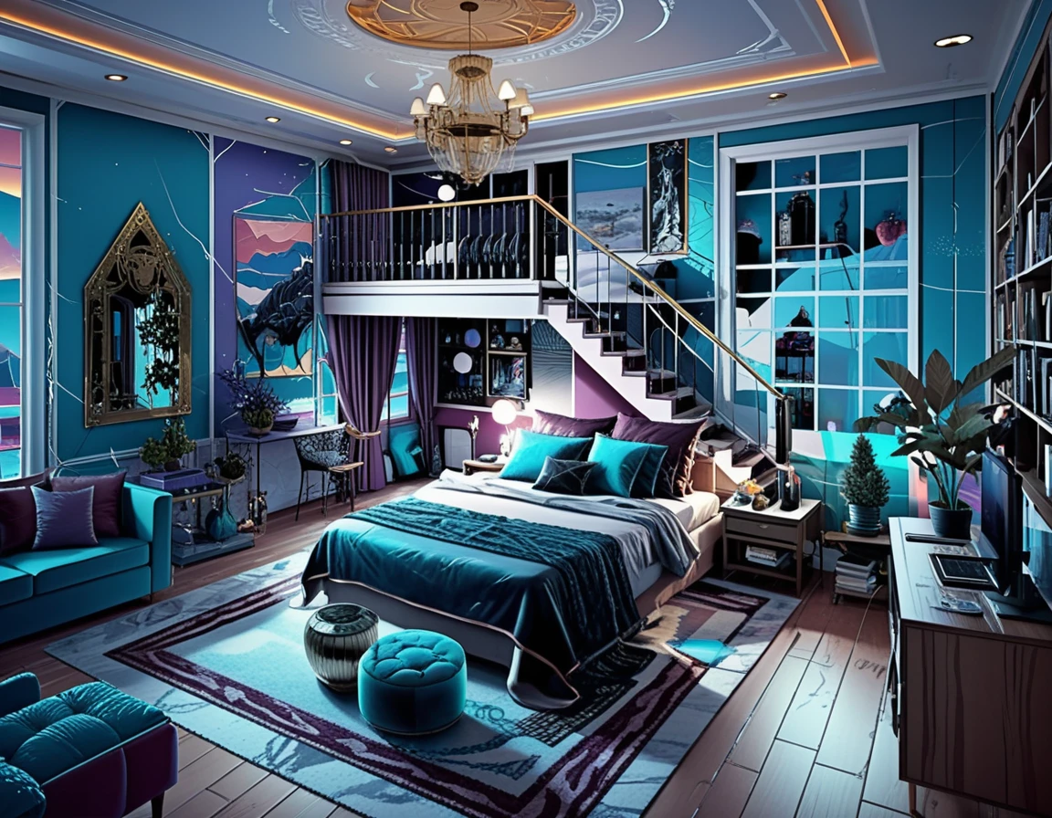 Intérieur 3D Isométrique d’un Immeuble Sombre et Éclectique à Deux Étages