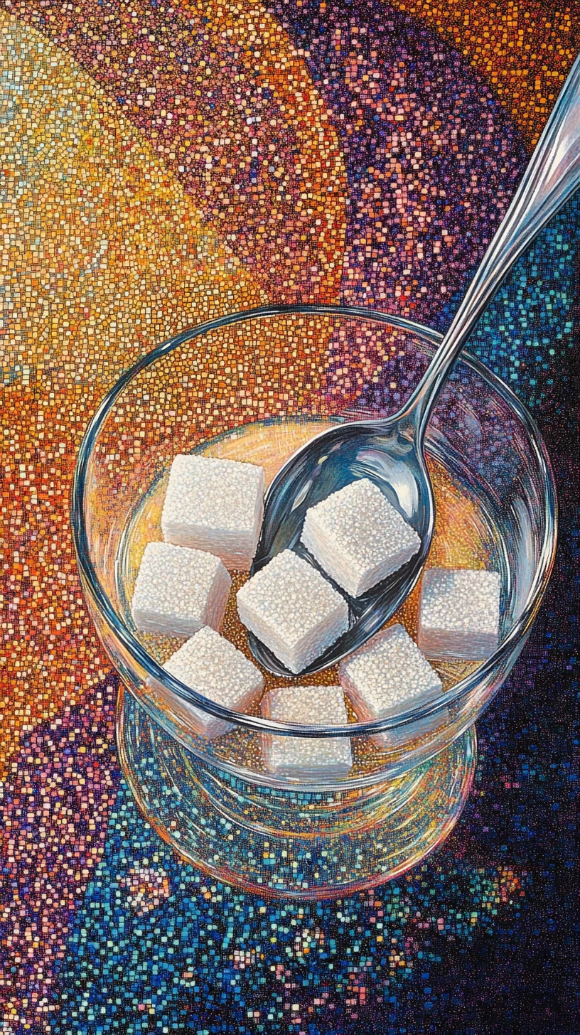 Terrones de azúcar puntillistas disolviéndose en un vaso con líquido