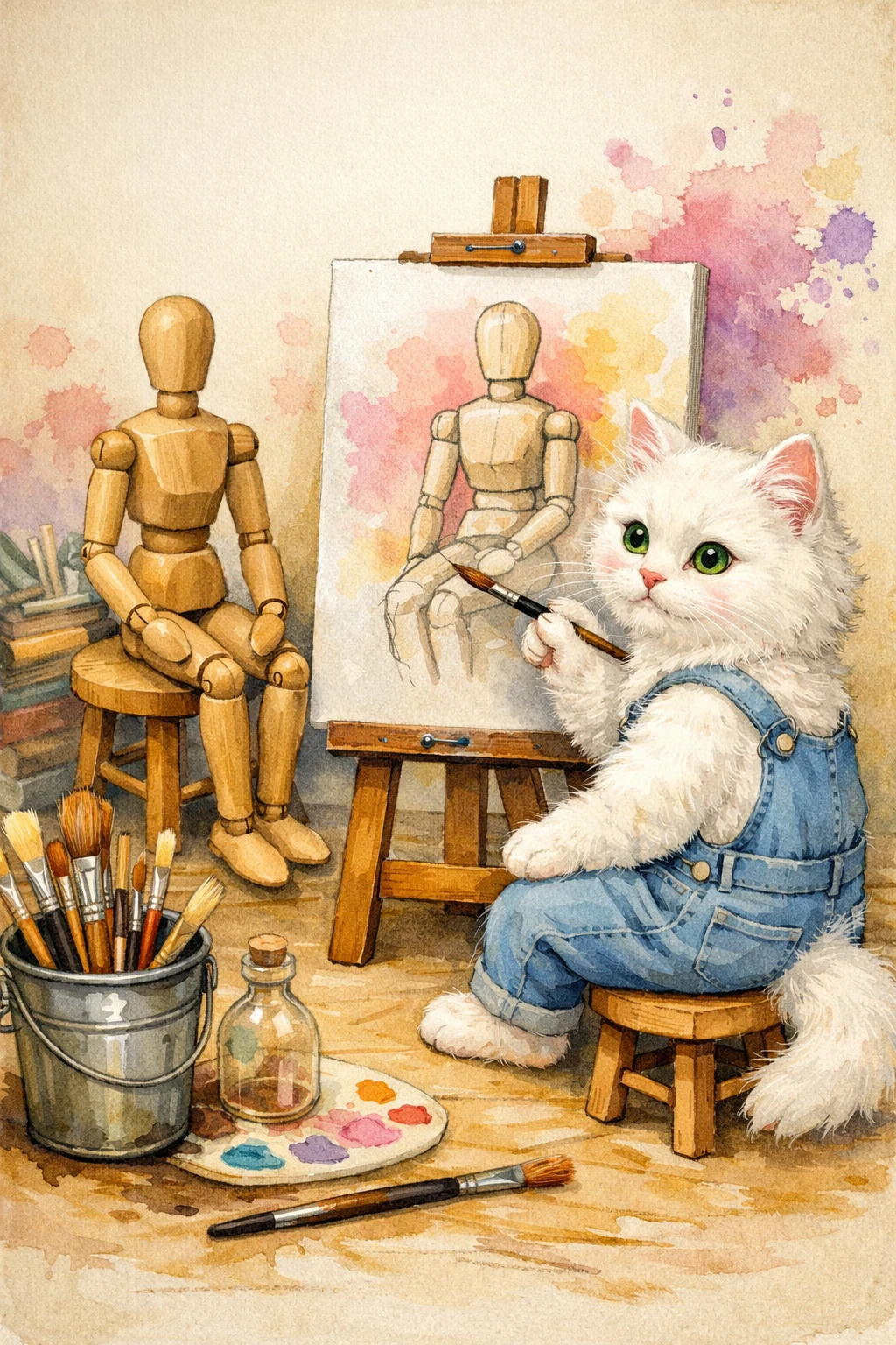 White cat artist painting a wooden mannequin model