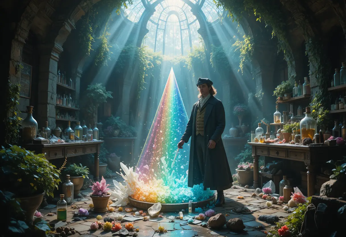 Eighteenth century alchemist in a mystical crystal laboratory