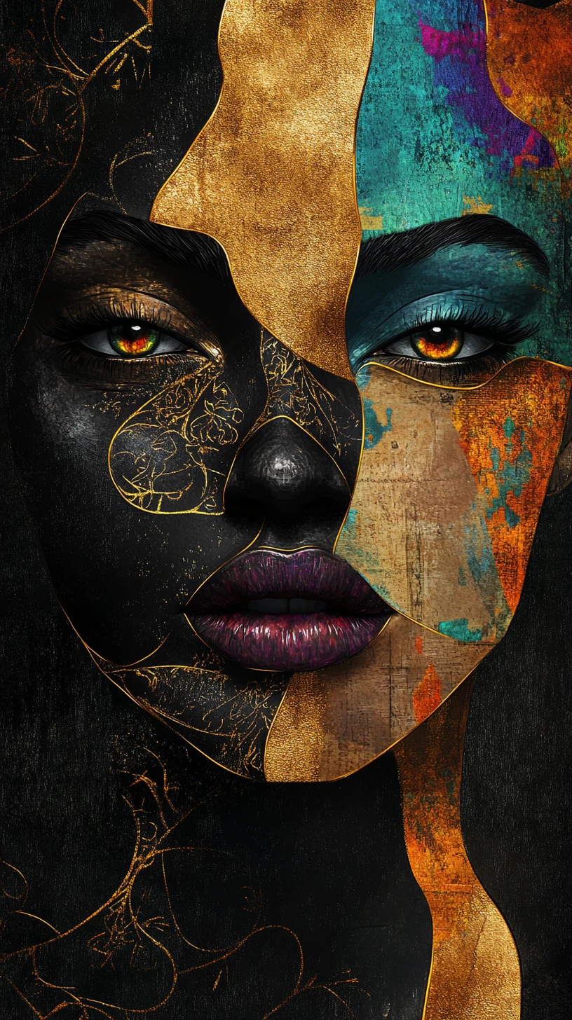 Abstract surreal portrait with jeweled tones and gold filigree