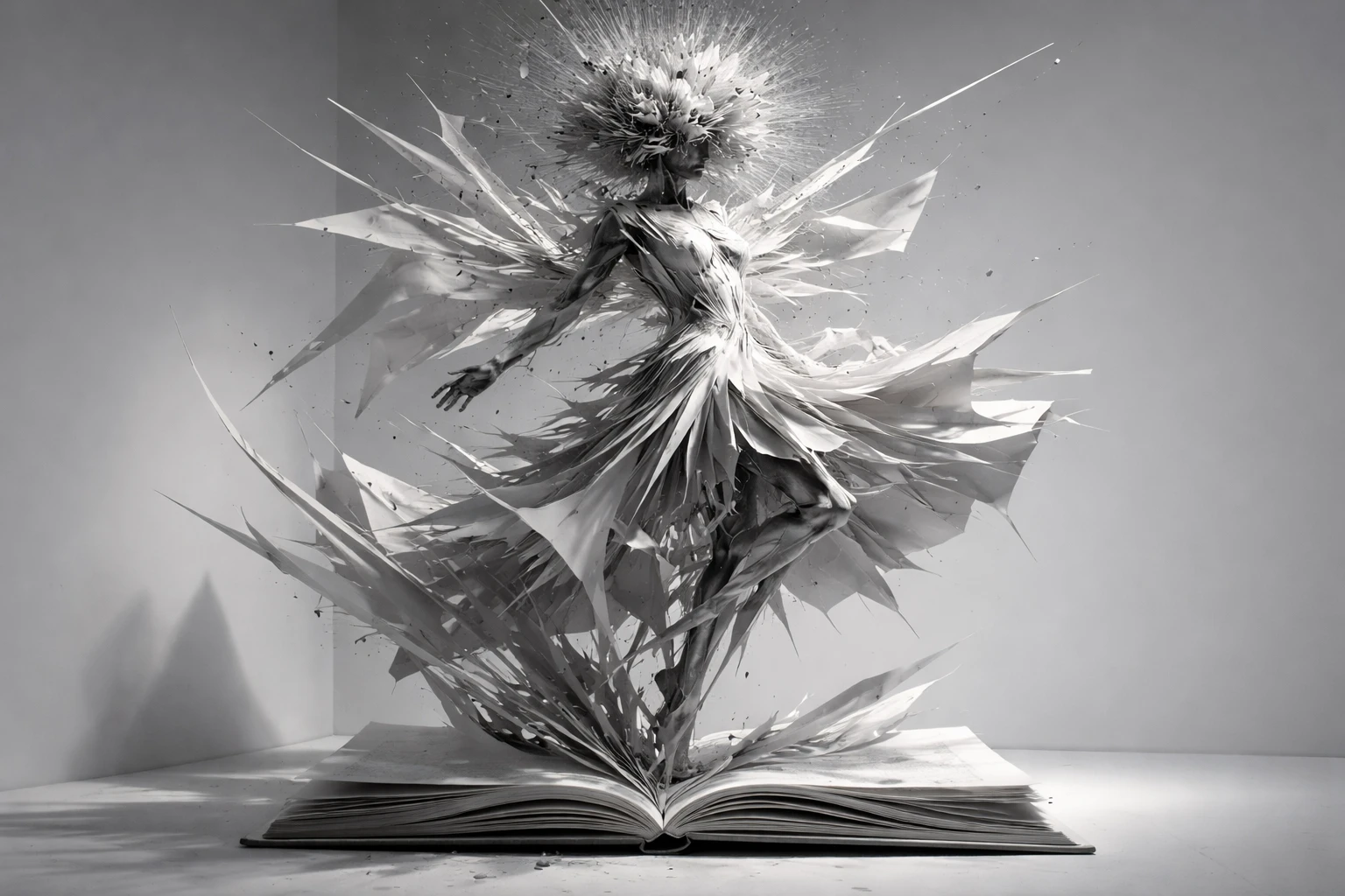 Scultura femminile astratta che si dissolve in frammenti geometrici