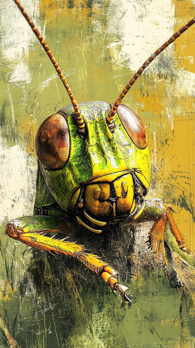 Retrato abstracto en primer plano de un saltamontes en colores primarios intensos