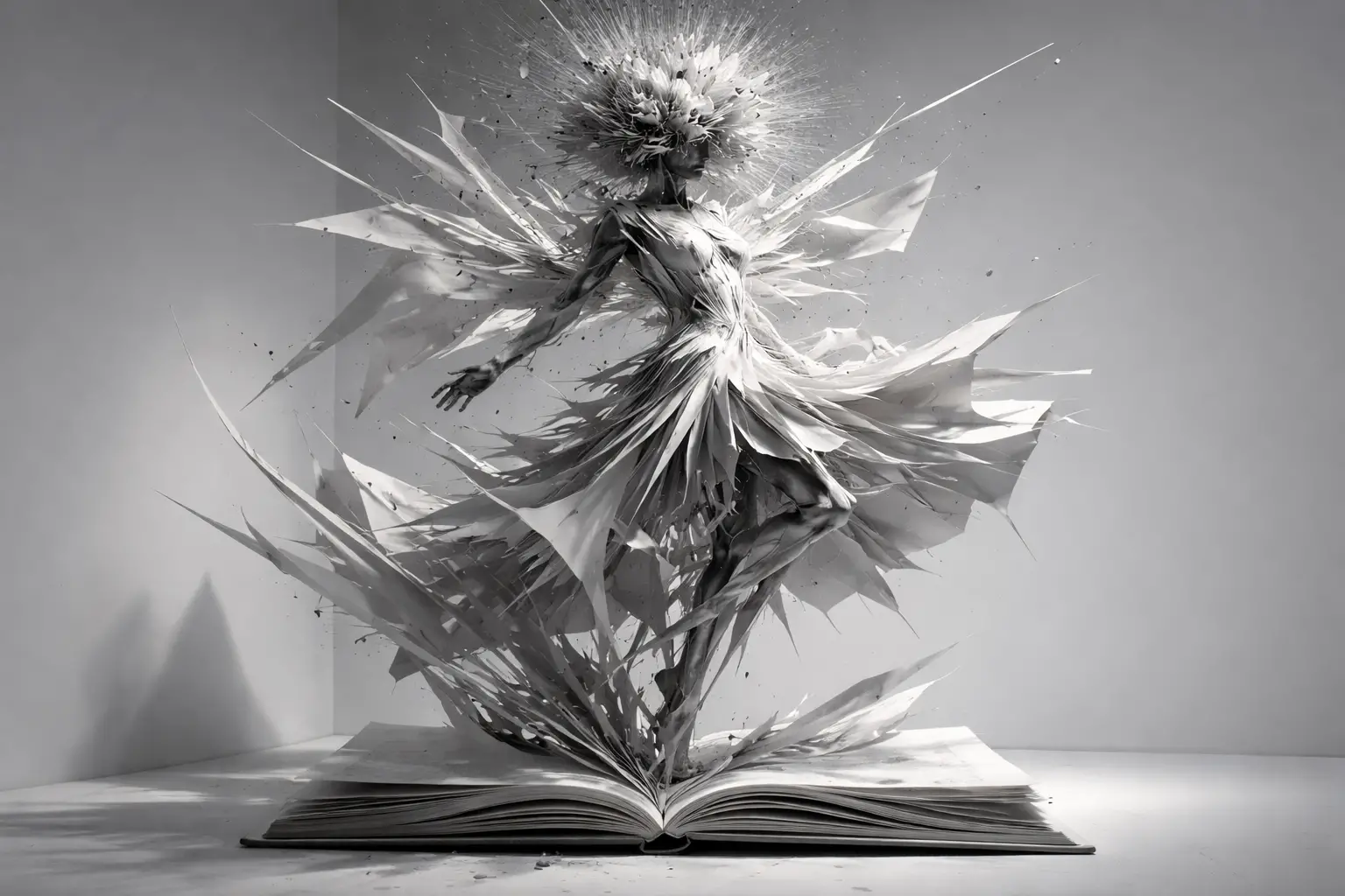 Abstract feminine sculpture dissolving into geometric fragments