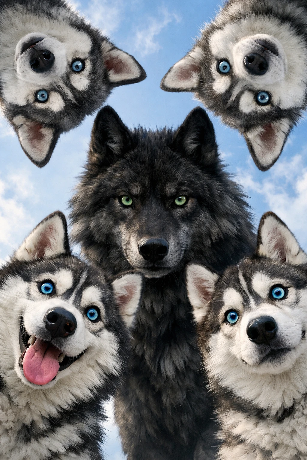 Quatro huskies e um lobo olhando para baixo em semicírculo