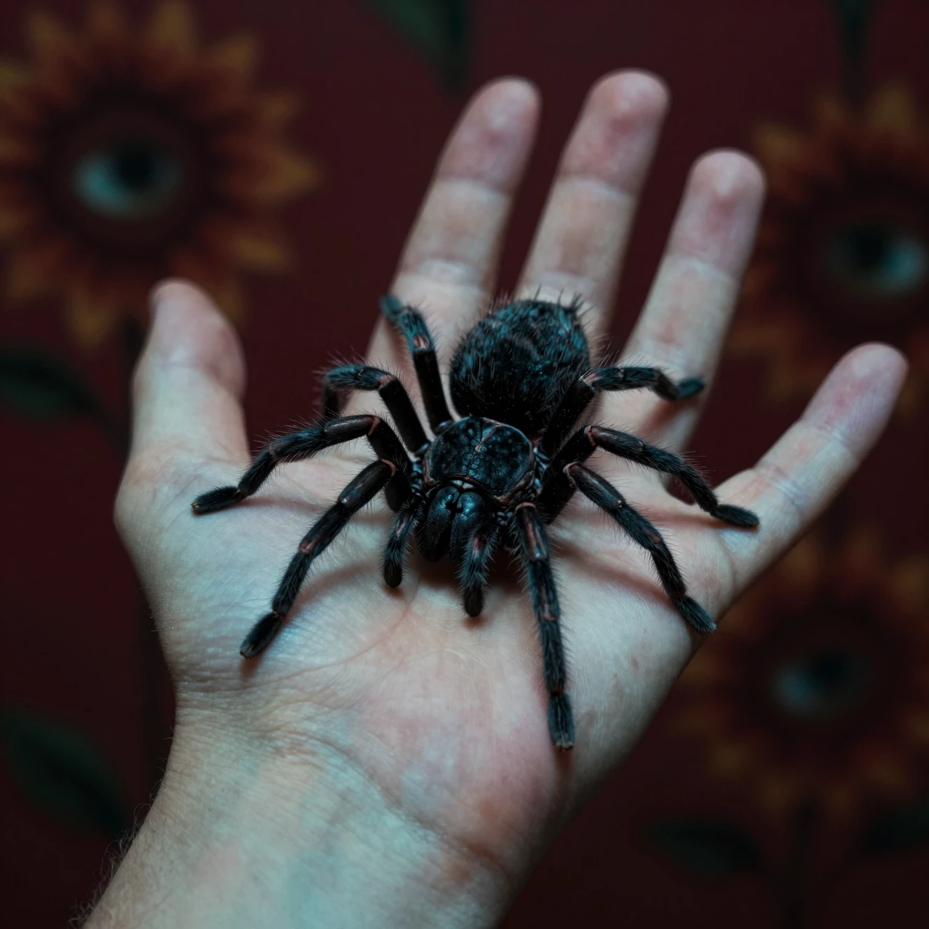 Close-up extremo de uma aranha na palma da mão de um adolescente