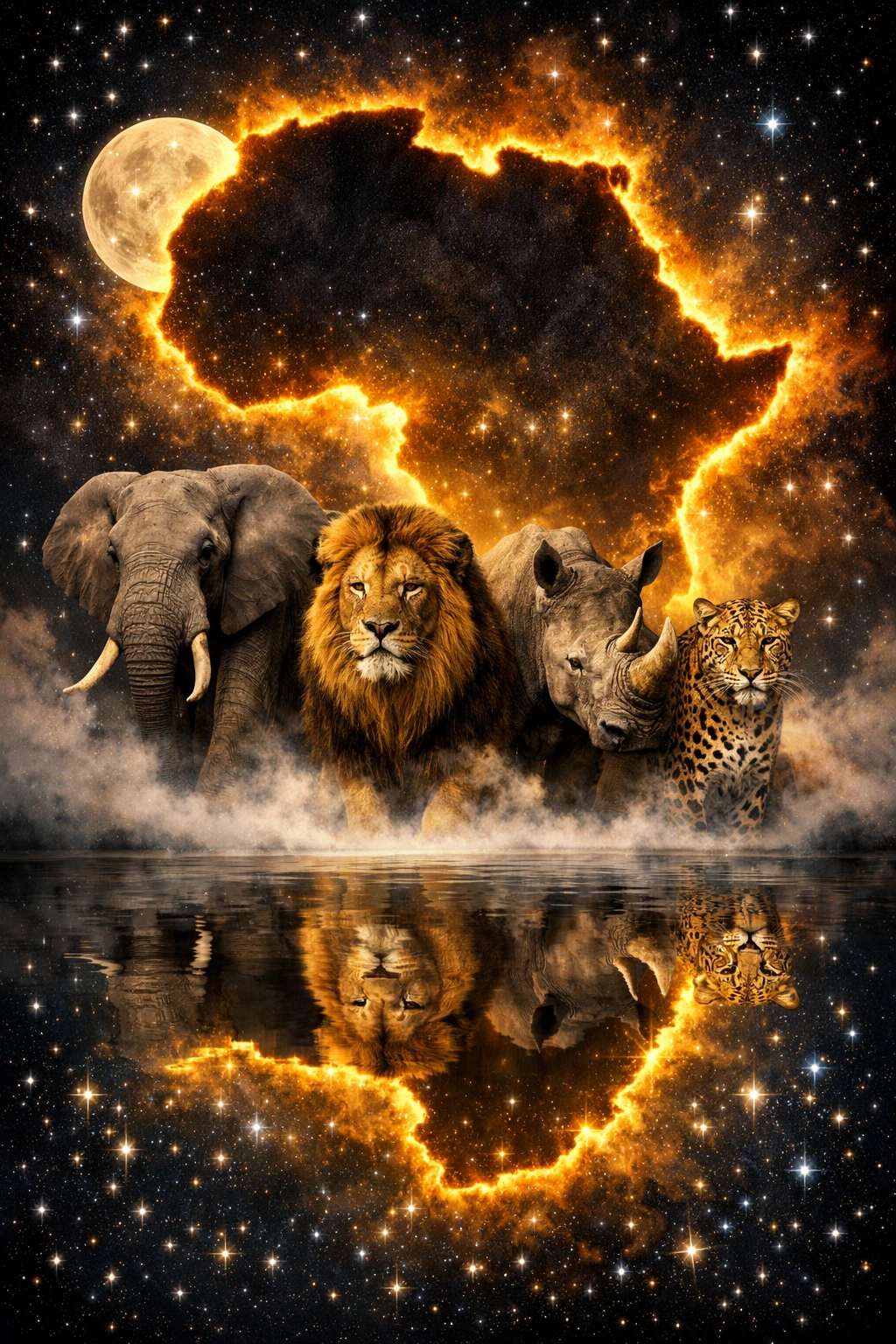 African wildlife under a glowing cosmic map of the continent