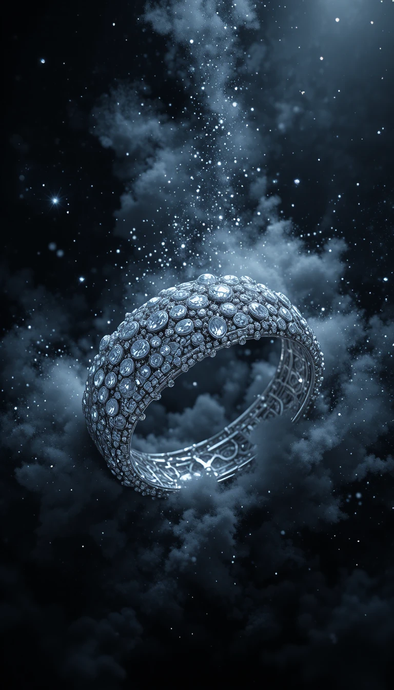 Silbernes Diamantarmband schwebt vor tiefschwarzem Hintergrund