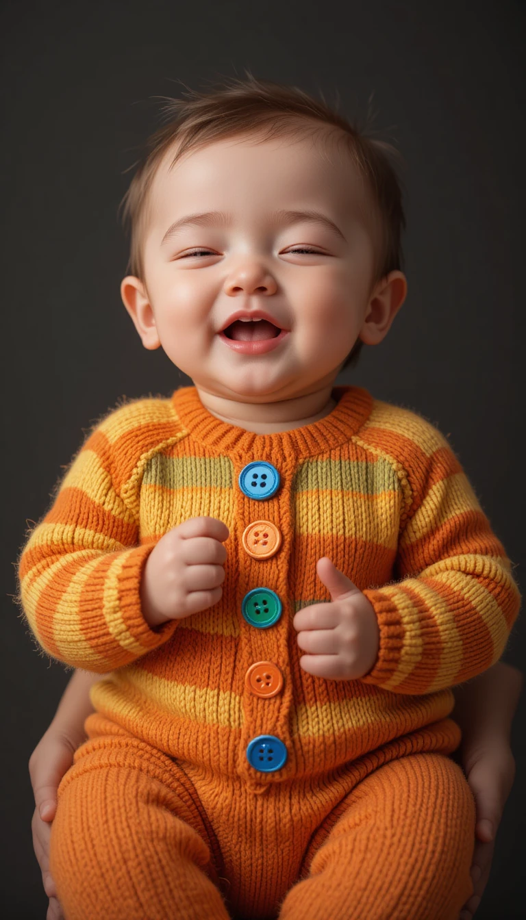 Bebê sorridente em roupa de tricô listrada cantando suavemente