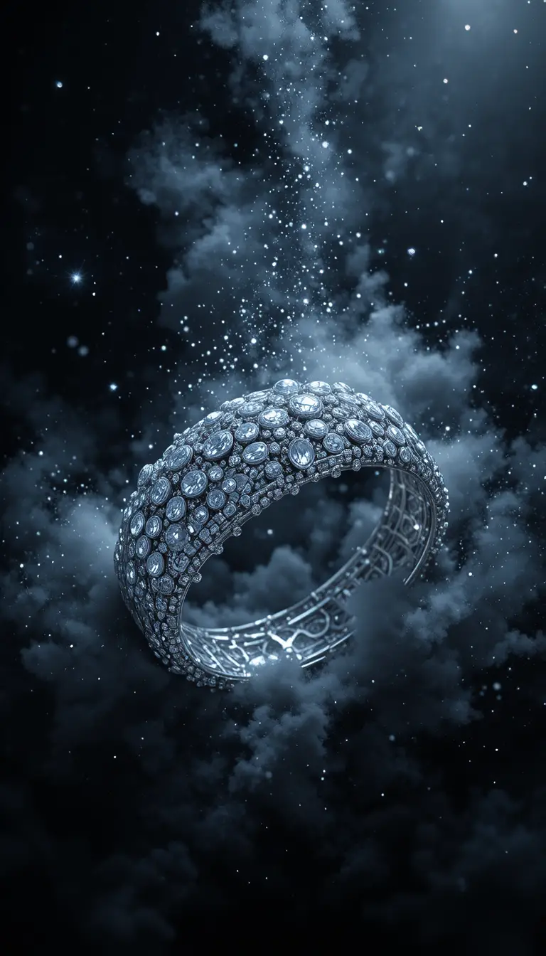Silbernes Diamantarmband schwebt vor tiefschwarzem Hintergrund