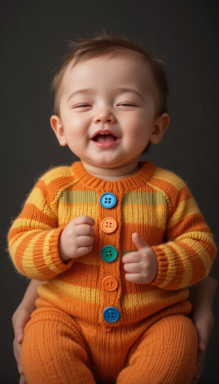 Lächelndes Baby im gestreiften Strickoutfit, das leise singt