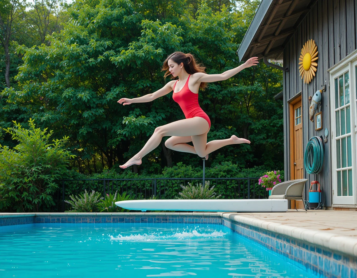 Woman jumping from diving board into outdoor swimming pool