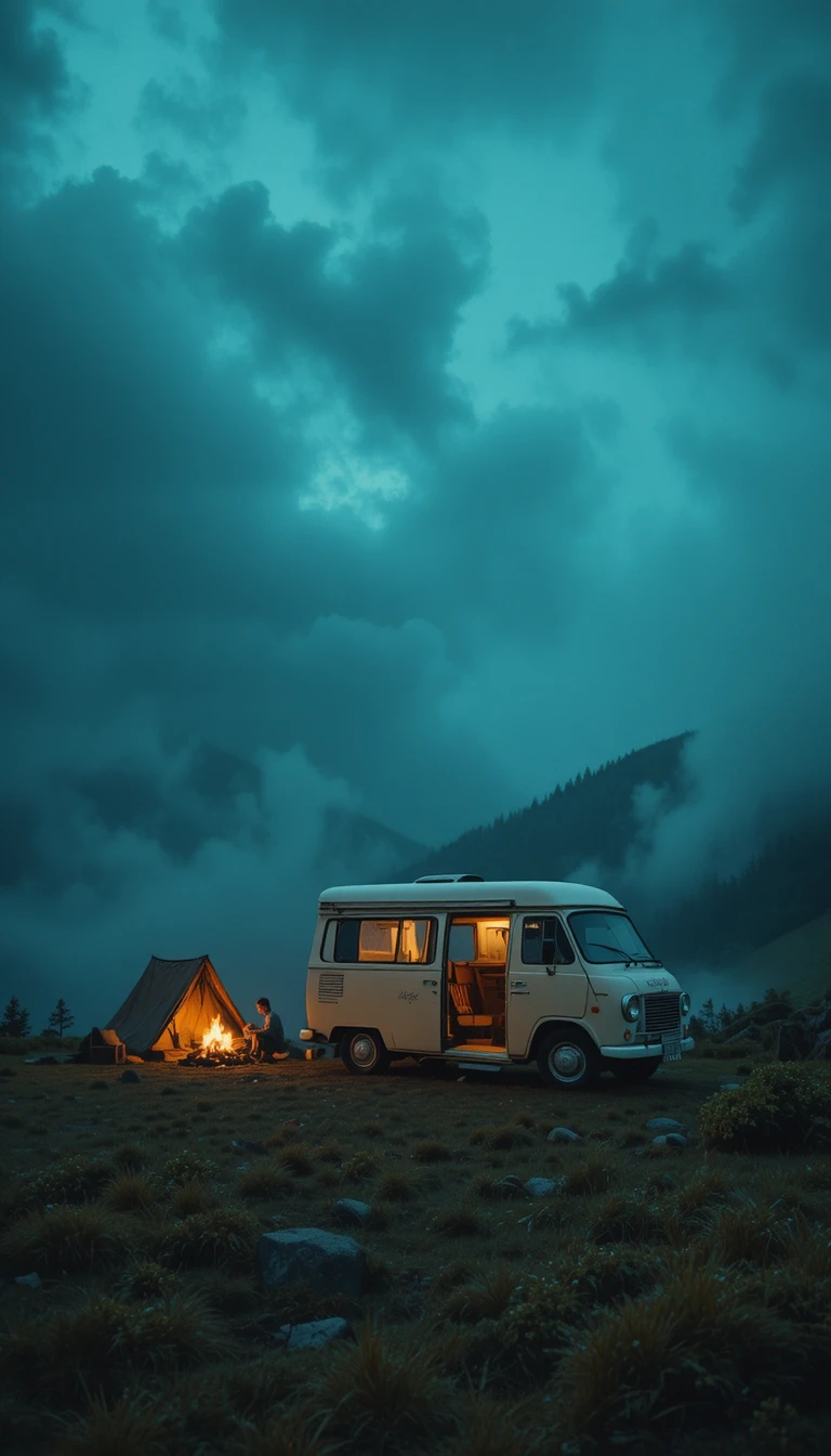 Kombi vintage ao lado da fogueira em uma colina enevoada à noite
