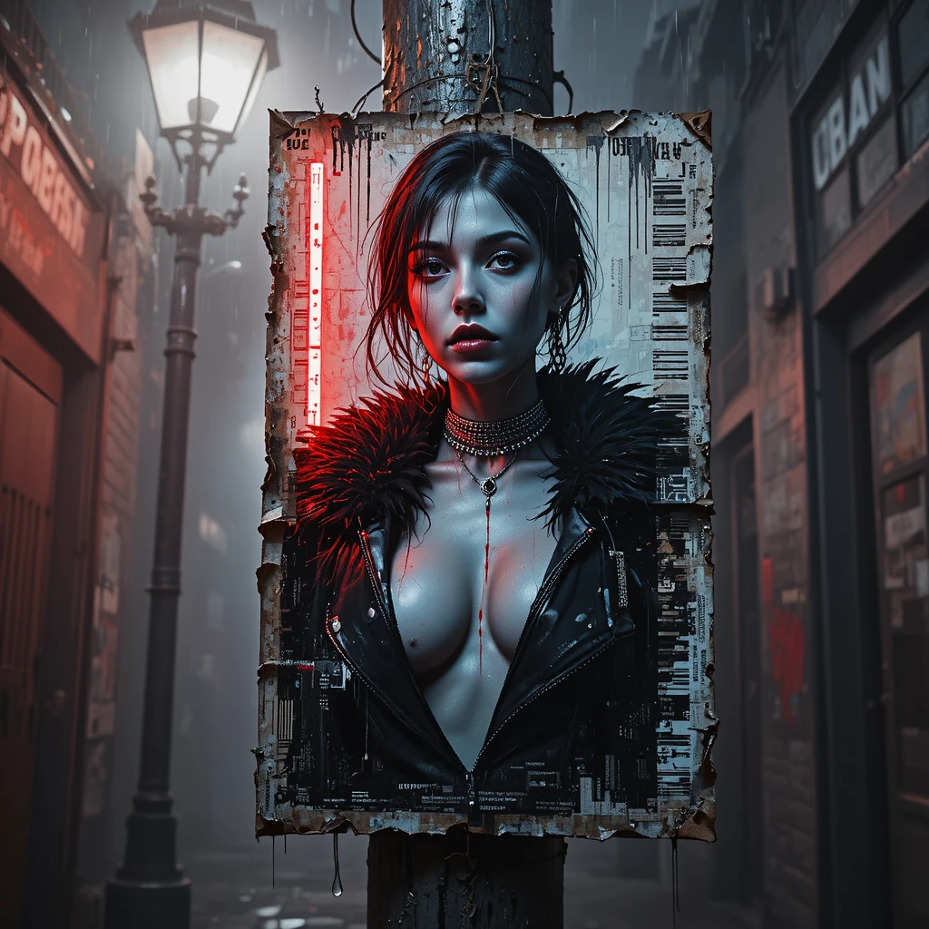 Cyberpunk femme fatale poster on a foggy city lamppost