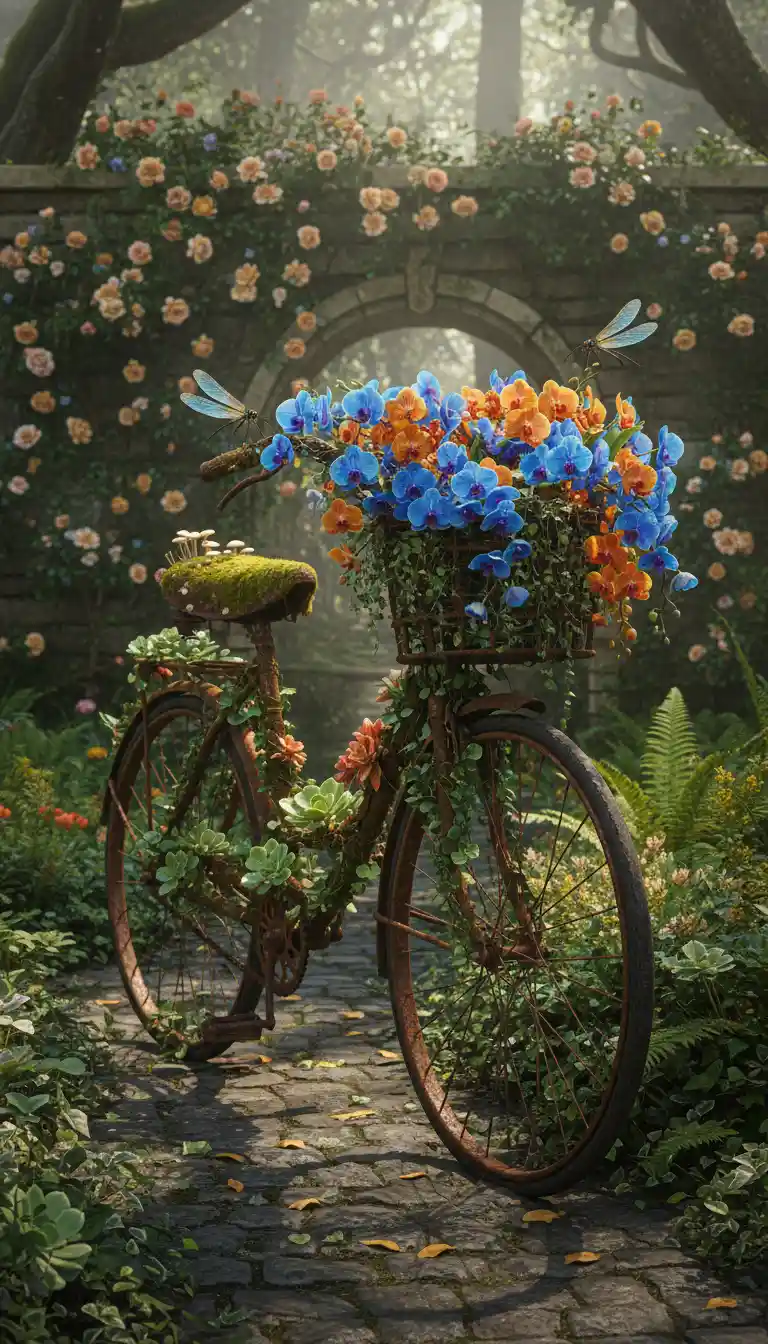 Ancient bicycle overgrown in a lush secret garden