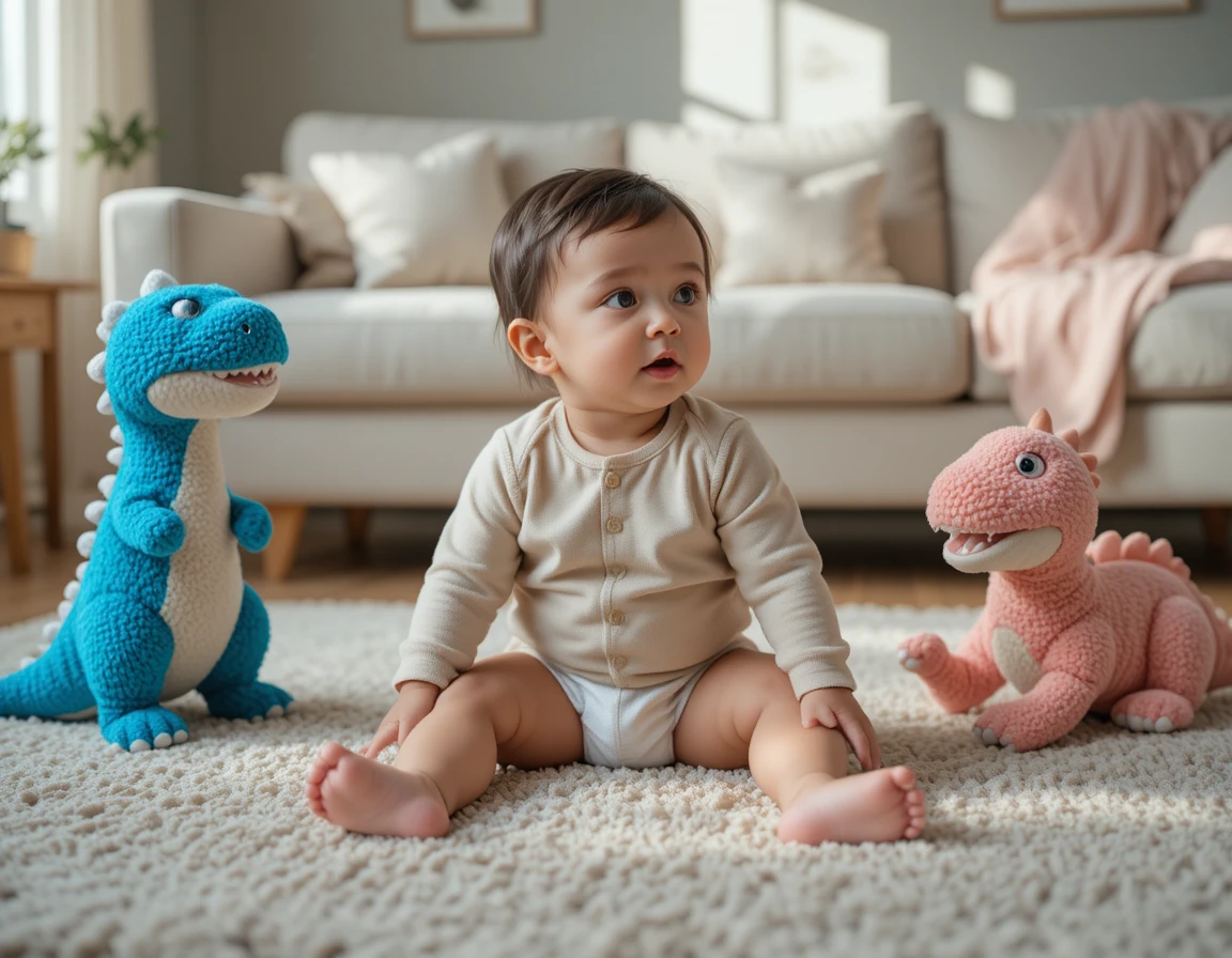 Bebê curioso sentado com brinquedos de dinossauro azul e rosa