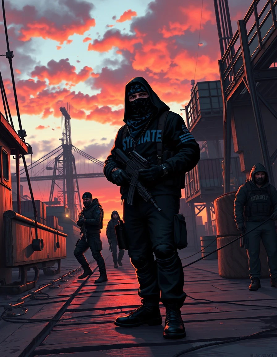 Gang armé du syndicat contrôle les docks au coucher du soleil