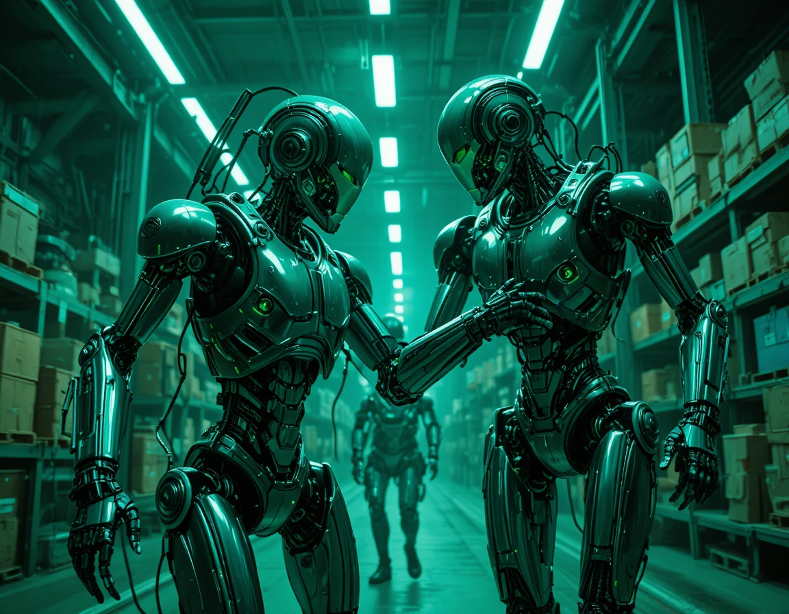 Robôs humanóides em confronto em um tenso armazém industrial futurista