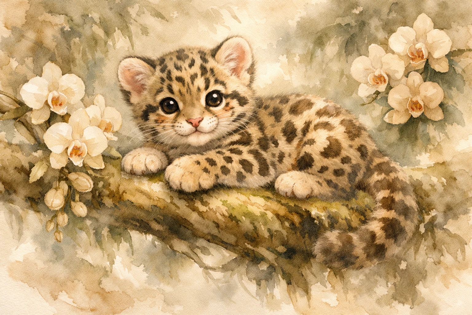 Bébé léopard nébuleux se reposant sur une branche de jungle en aquarelle