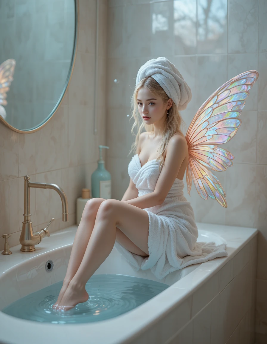 Miniature fairy woman on porcelain sink with shimmering wings
