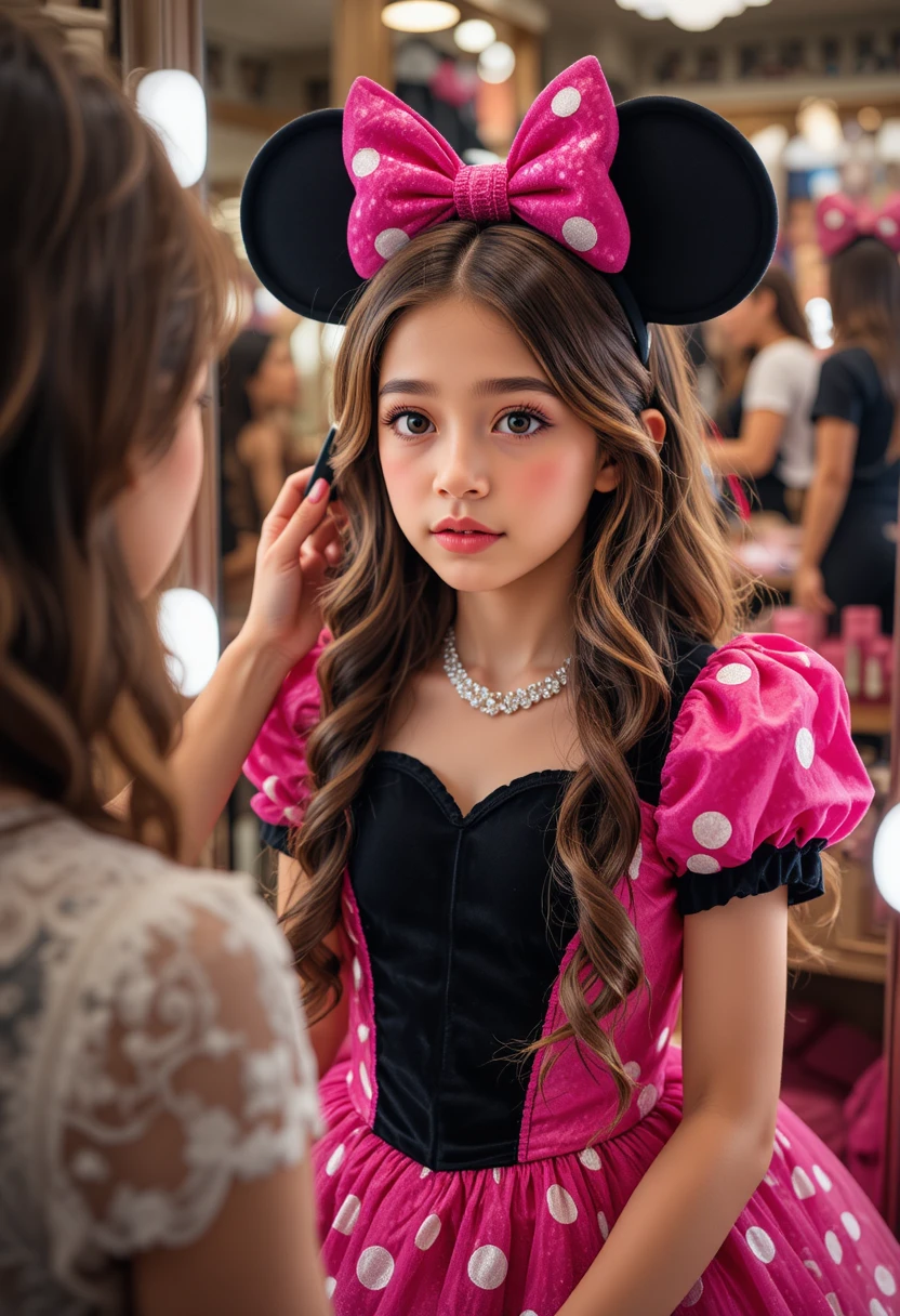ブティックでピンクのミニーのドレスを着た少年がメイクをしてもらう