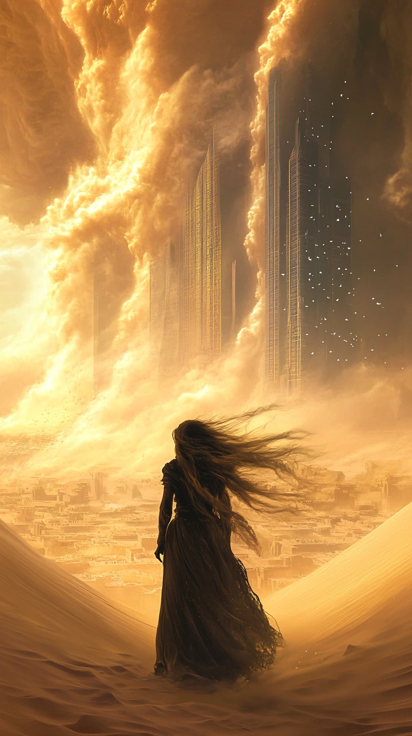 Desert woman holding baby before city and rising dust cloud