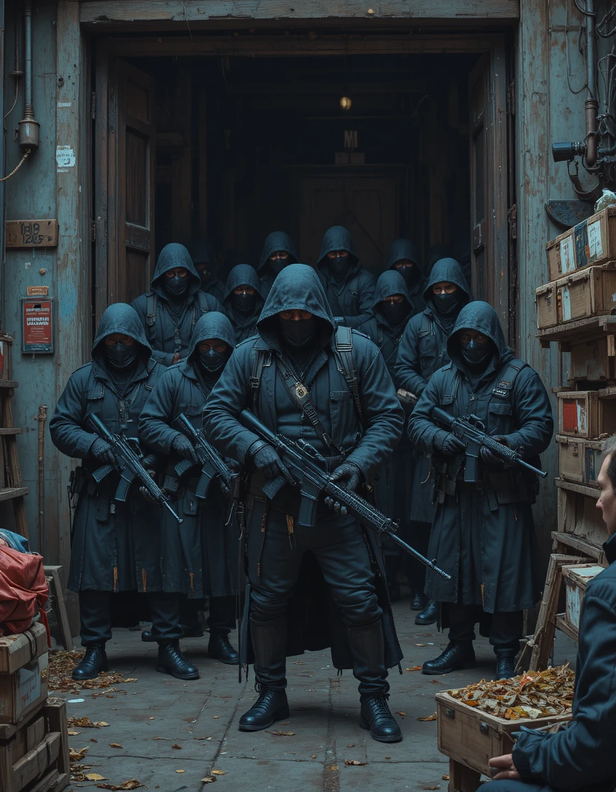 Bewaffnete Diebe bewachen den Eingang zu einem Gang-Versteck an den Docks
