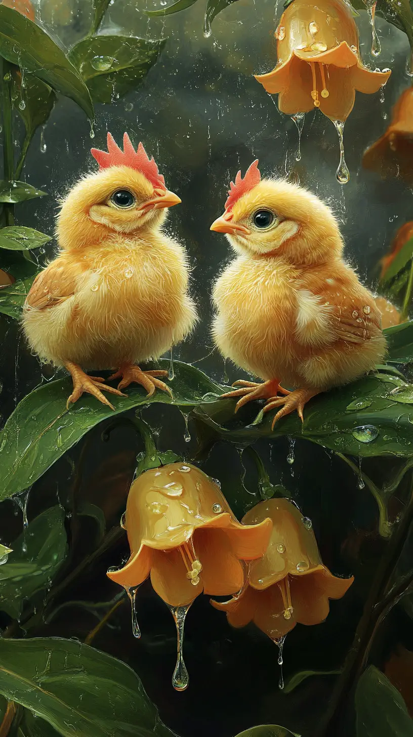 Zwei flauschige Küken zwischen gelben Glockenblumen und Blättern