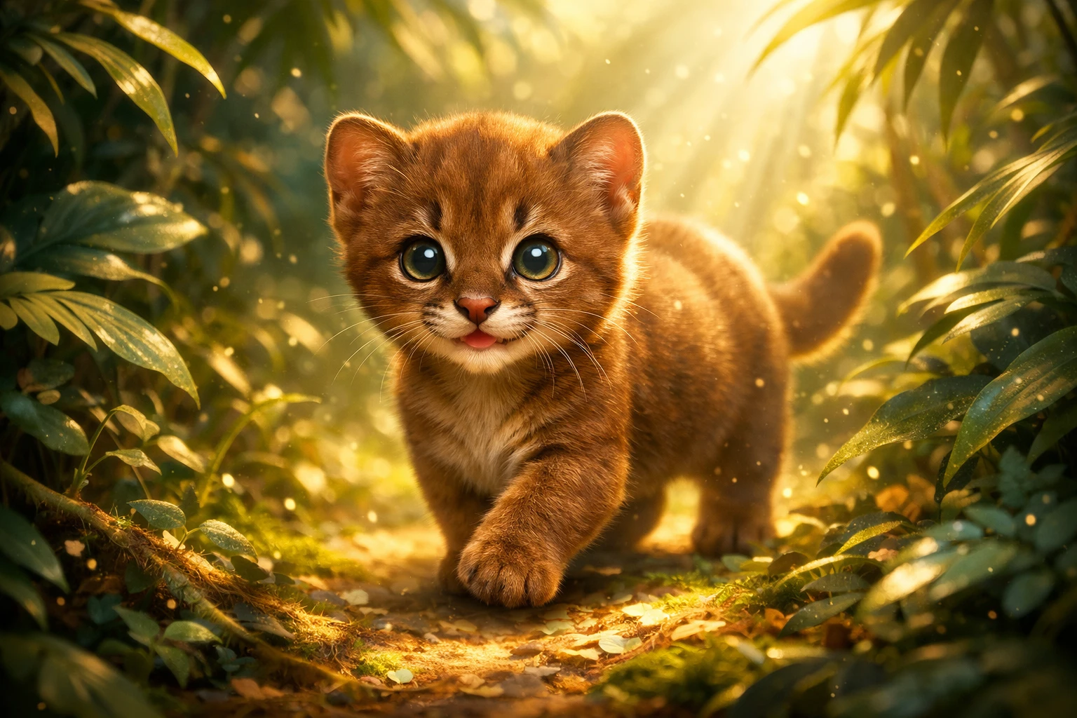 Adorável filhote de gato selvagem caminhando pela folhagem luminosa da selva