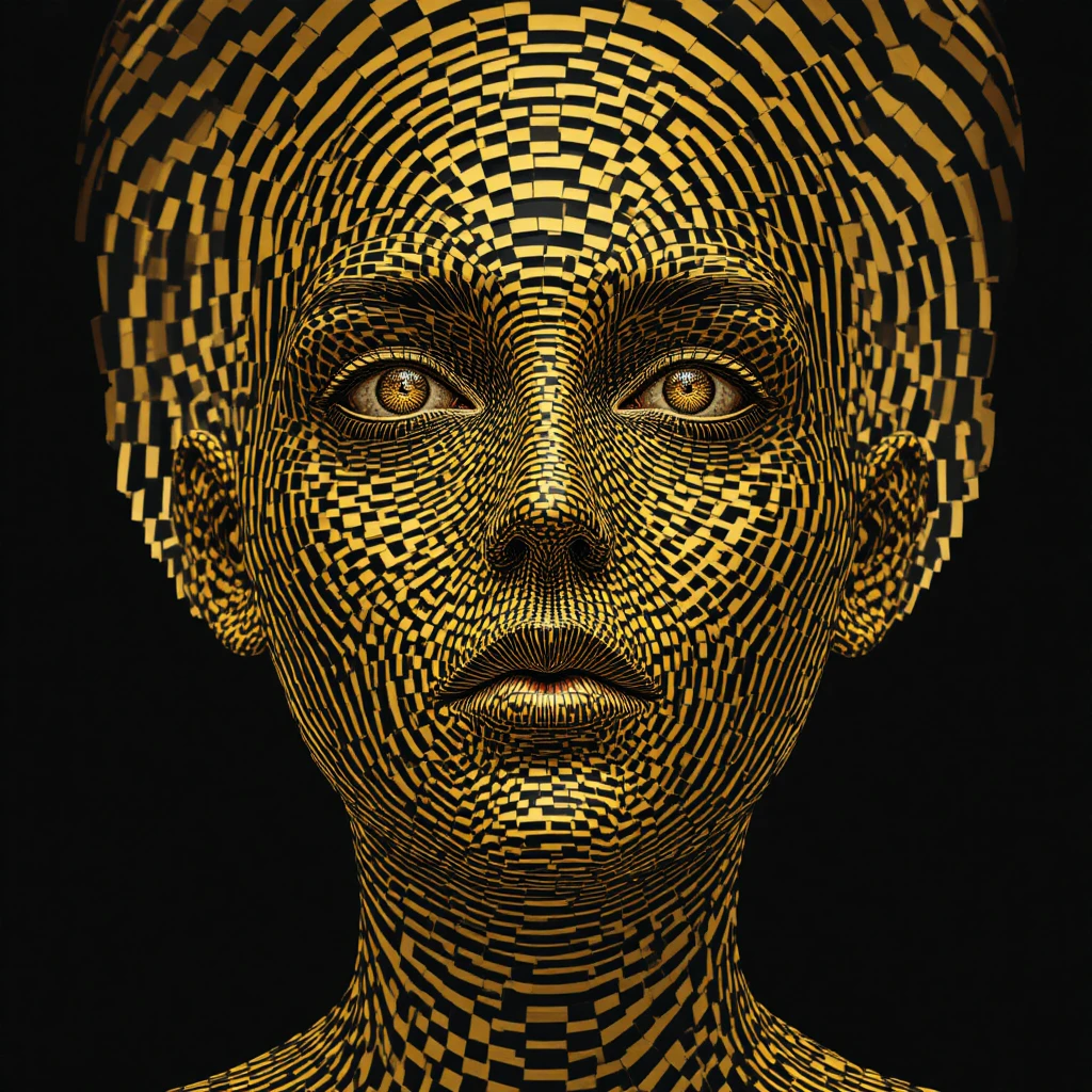Menschliches Gesicht, das sich in ein abstraktes hexagonales Op-Art-Gitter auflöst