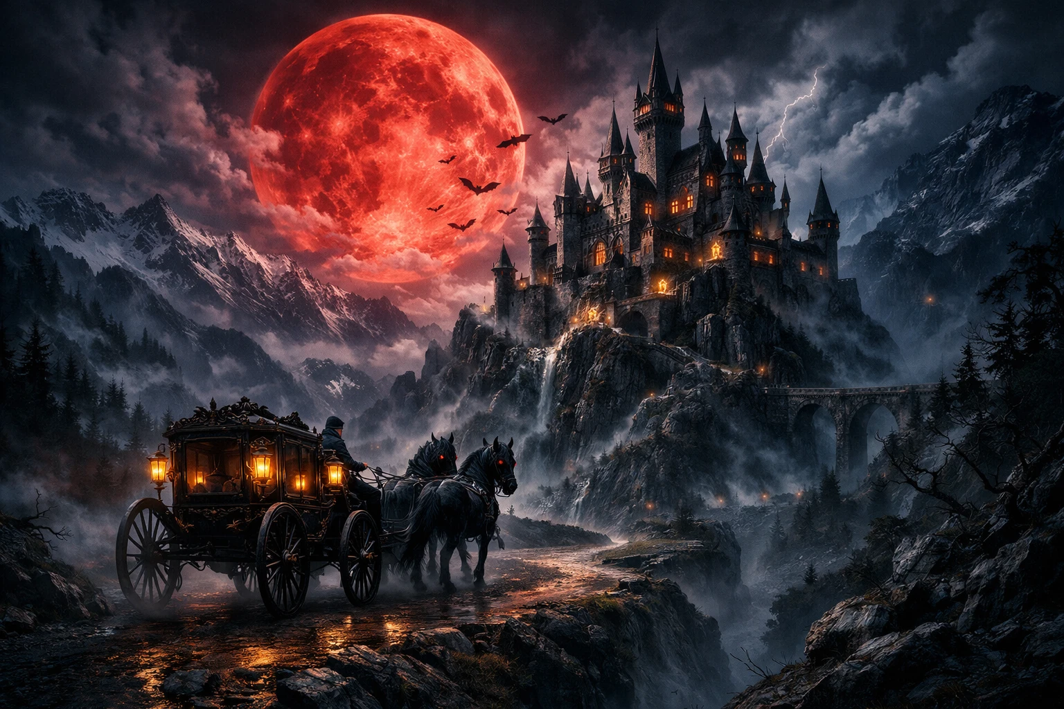 Château surréaliste de Dracula sous une pleine lune rouge sang
