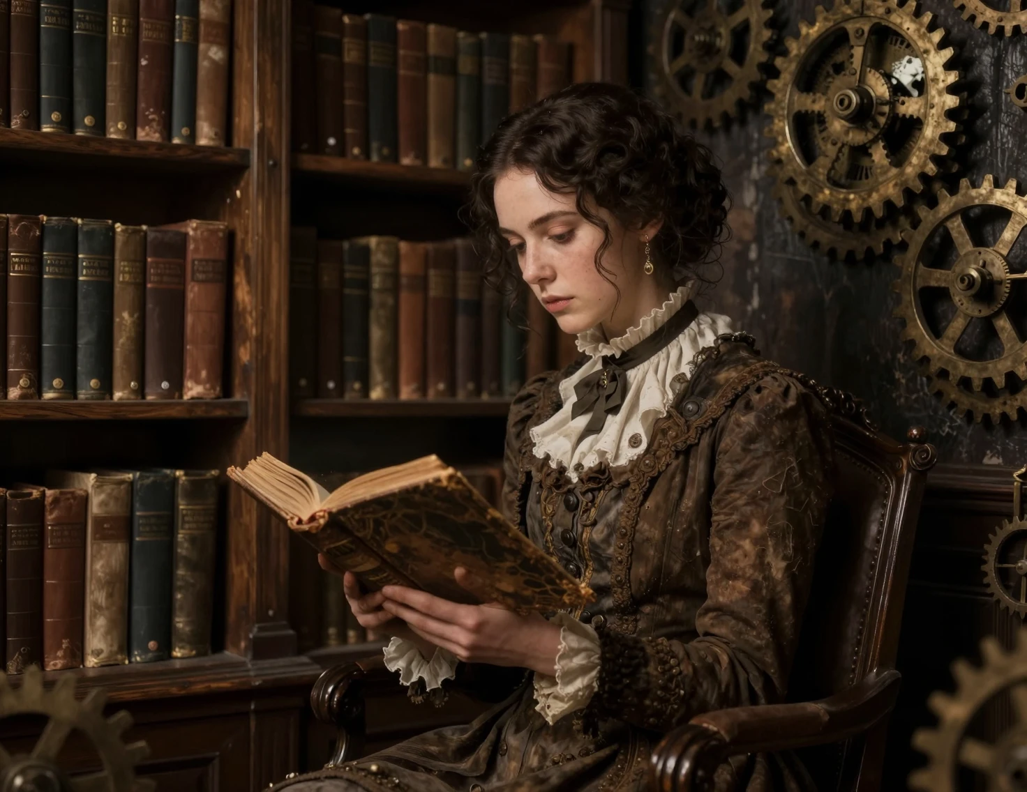 Mulher vitoriana solitária lendo em uma biblioteca steampunk sombria
